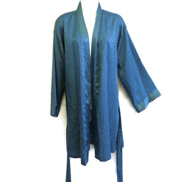 LeoPaRD Halston 80s Blue Satin Robe Attached Belt Tie Side Pockets Knee L XL